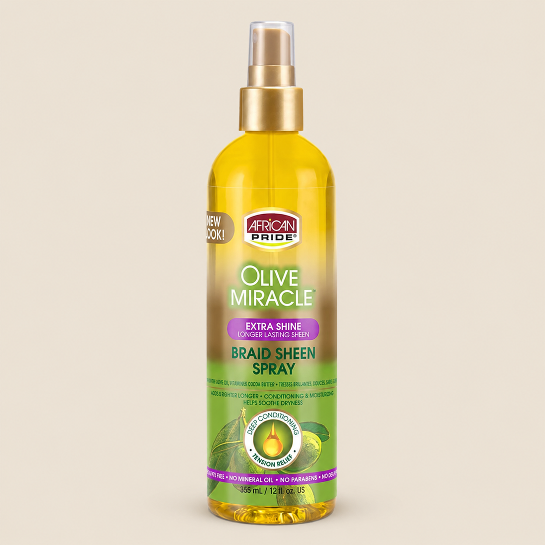 African Pride Olive Miracle Braid Sheen Spray – Glansspray voor braids & vlechten 355 ml – De HaarBoetiek