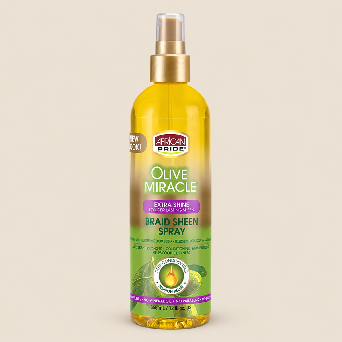 African Pride Olive Miracle Braid Sheen Spray – Glansspray voor braids & vlechten 355 ml – De HaarBoetiek