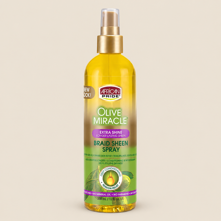 African Pride Olive Miracle Braid Sheen Spray – Glansspray voor braids & vlechten 355 ml – De HaarBoetiek