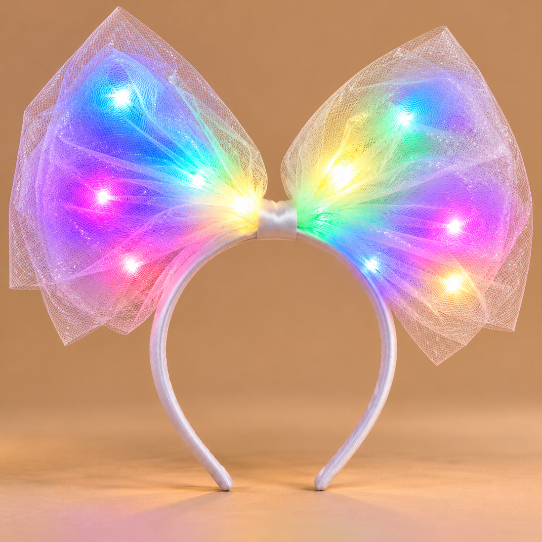 Lichtgevende Strik Haarband – Wit met Regenboog Lichtjes – De HaarBoetiek