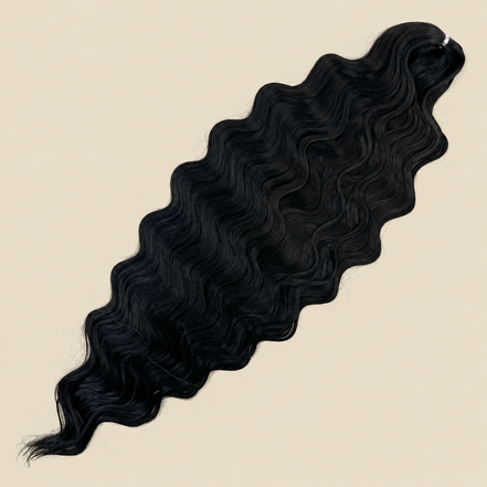 Lucy golvend invlechthaar 75 cm 100 gram, natuurlijk zwart (1B), op beige achtergrond