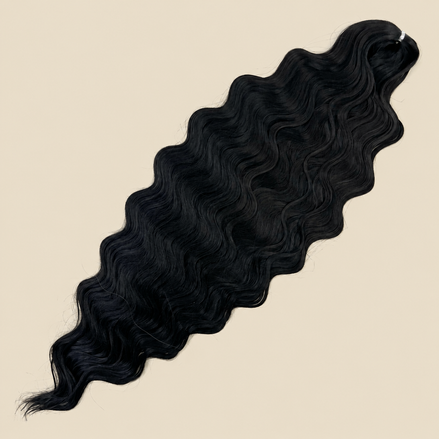 Lucy golvend invlechthaar 75 cm 100 gram, natuurlijk zwart (1B), op beige achtergrond
