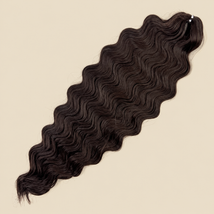 Lucy golvend invlechthaar 75 cm 100 gram, donkerbruin (4), op beige achtergrond