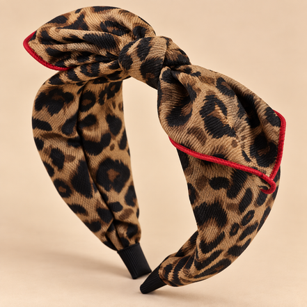 Luipaard haarband met strik en rode rand - dierenprint haaraccessoire