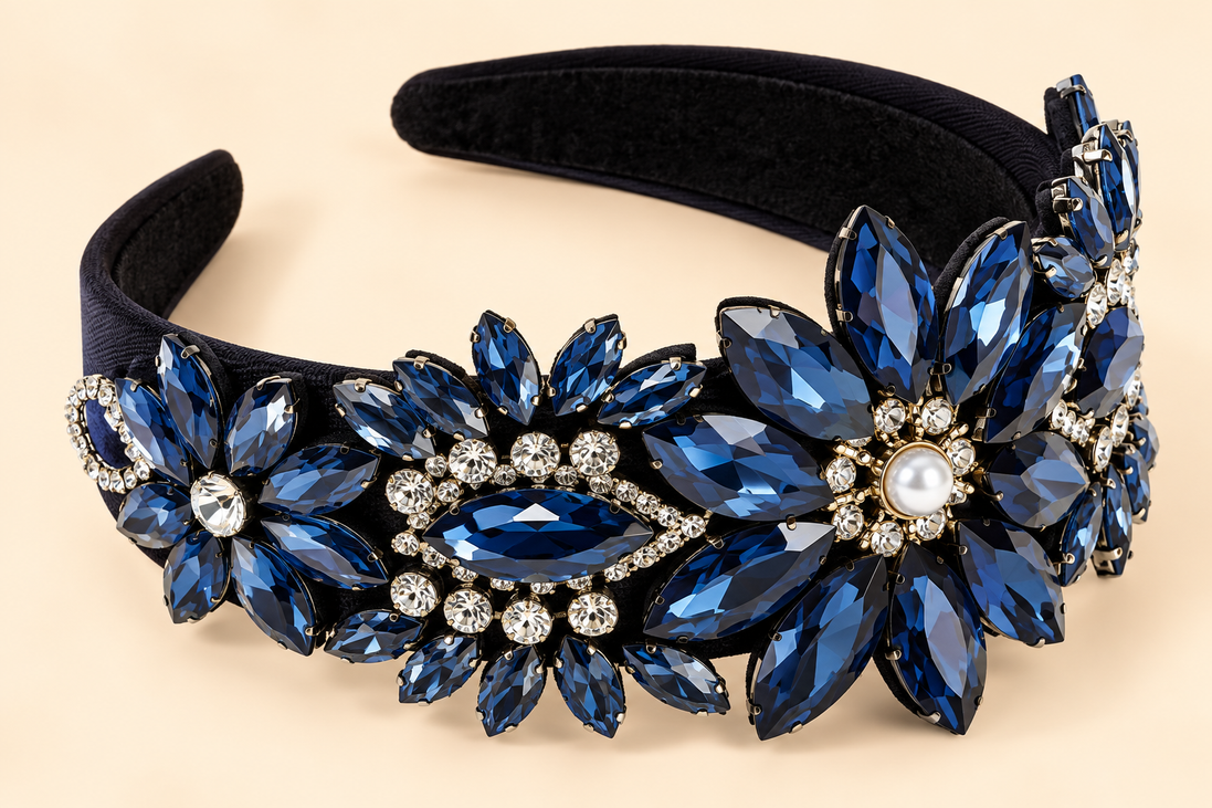 Luxe zwarte haarband met blauwe sierstenen en bloemen