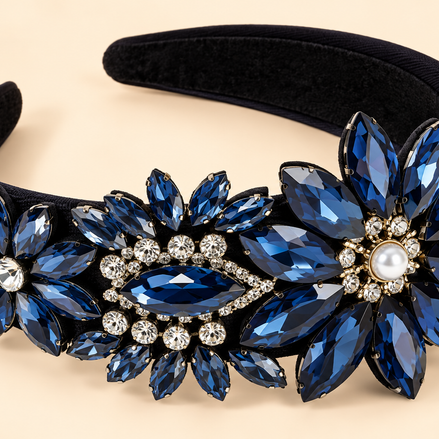 Luxe zwarte haarband met blauwe sierstenen en bloemen