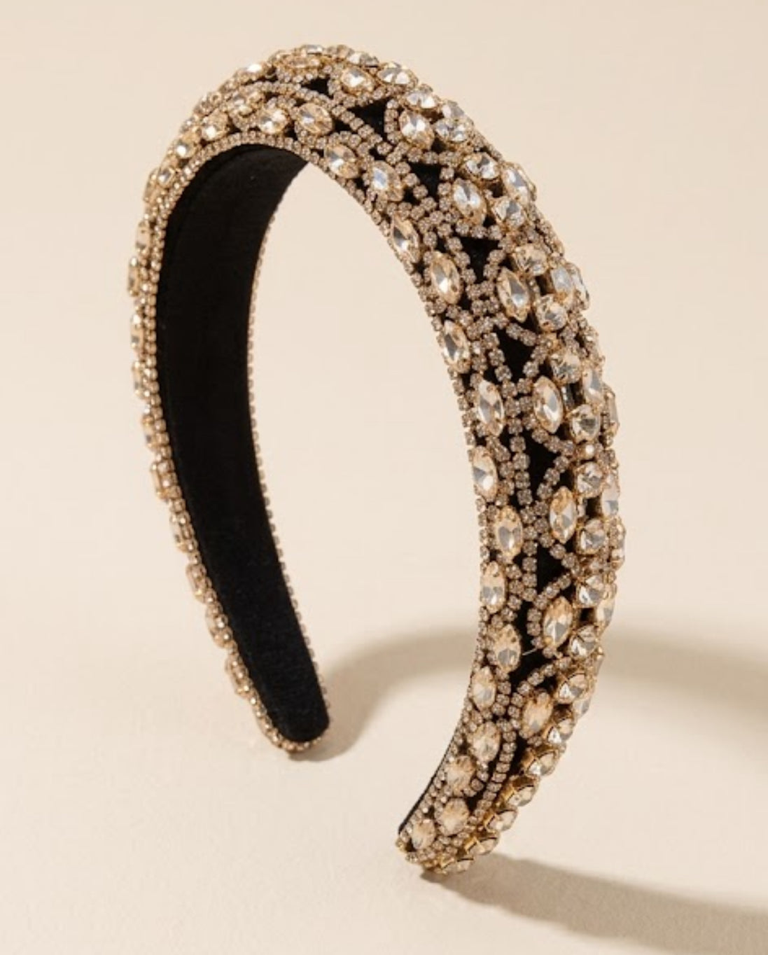 Luxe kristallen haarband zwart met champagne- en goudkleurige stenen
