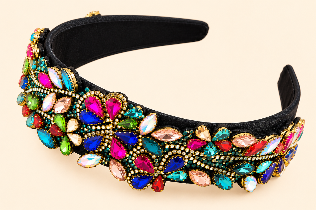 Luxe zwarte haarband met multicolor strass en edelstenen