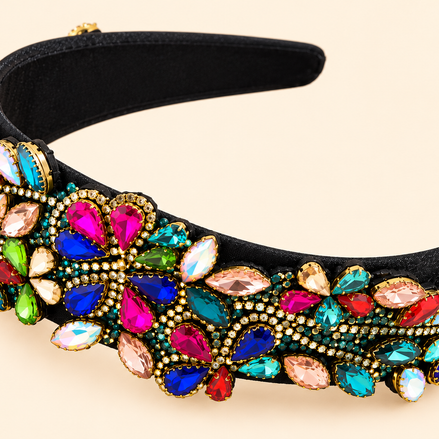 Luxe zwarte haarband met multicolor strass en edelstenen