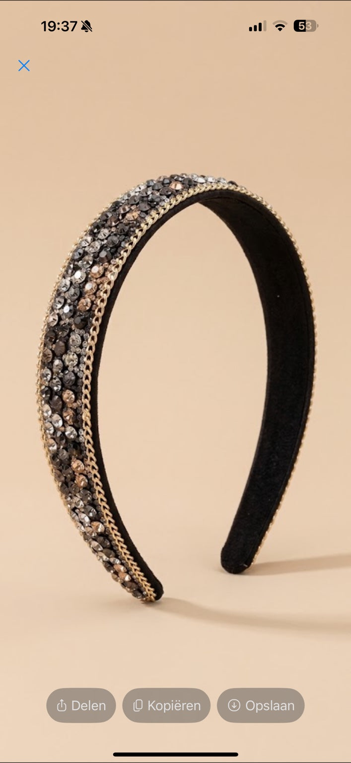 Luxe zwarte haarband met champagne, zilver en donkere strass