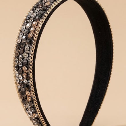 Luxe zwarte haarband met champagne, zilver en donkere strass