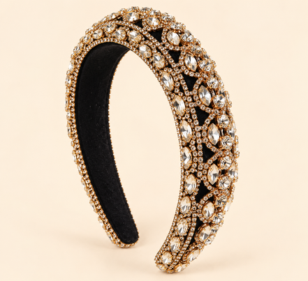 Luxe zwarte haarband met goudkleurige details en strass