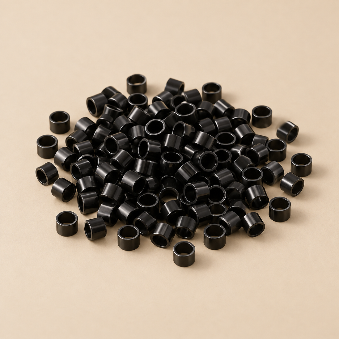 Zwarte micro-ringen voor hairextensions, 4,5 x 2,5 mm, op een beige achtergrond