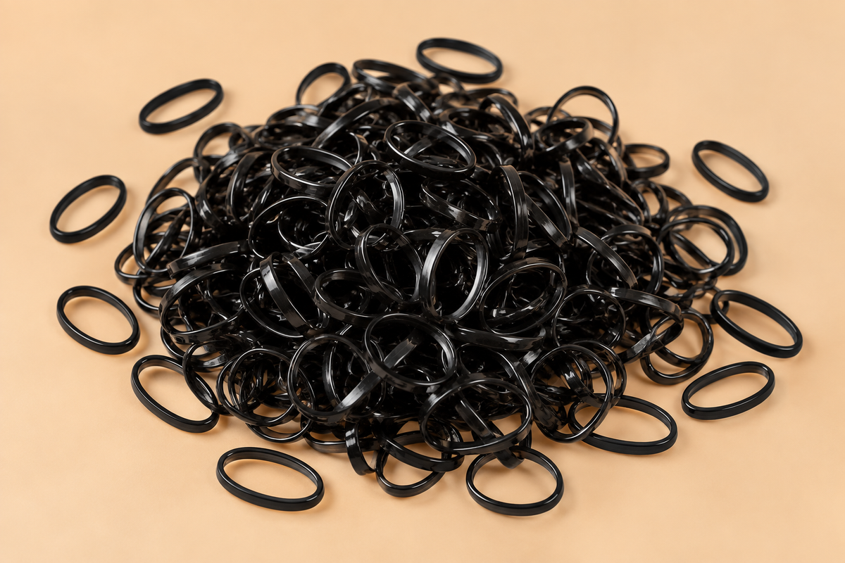 Zwarte mini haarelastiekjes Black Premium 250 stuks op warme beige achtergrond