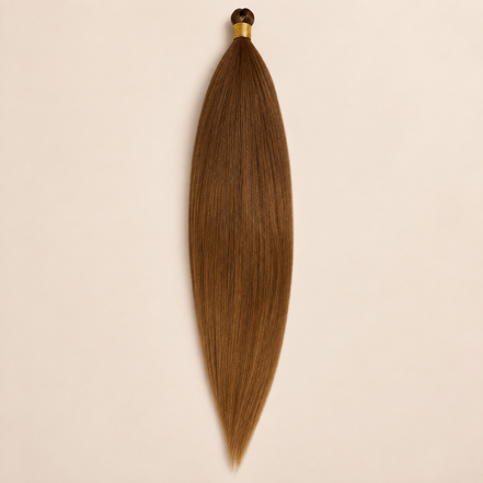 Mono Braid vlechthaar in warm kastanjebruin MB30, 60 cm en 80 gram, op beige achtergrond