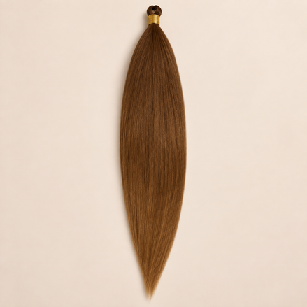 Mono Braid vlechthaar in warm kastanjebruin MB30, 60 cm en 80 gram, op beige achtergrond
