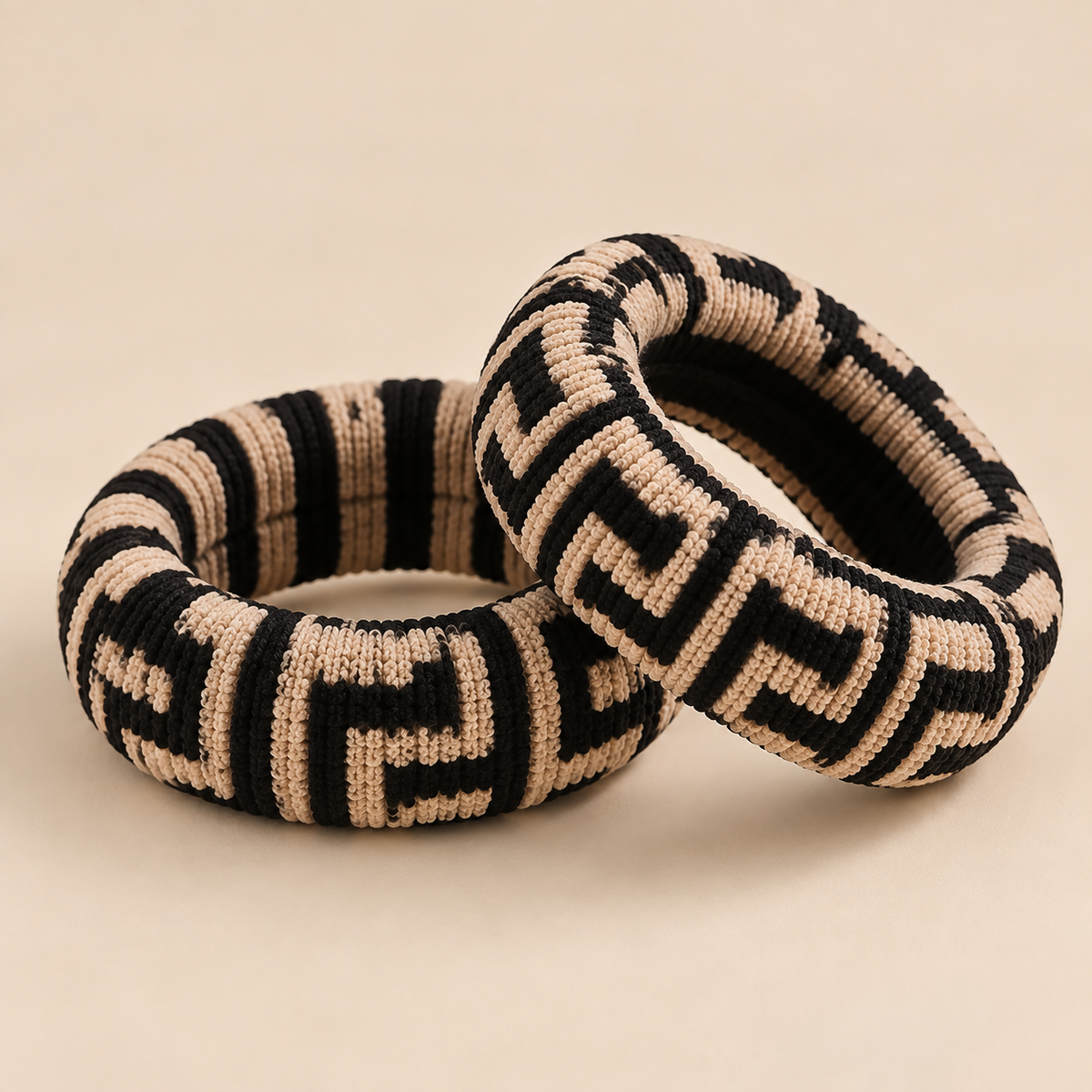 Dikke haarelastieken zwart beige met print - 2 stuks Multi Sorti