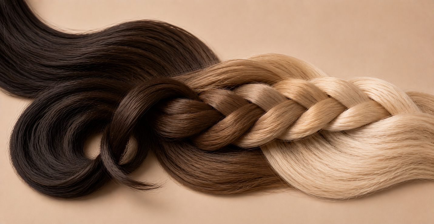 Natuurlijke kleuren invlechthaar met zwarte, bruine en blonde vlecht op beige achtergrond | De HaarBoetiek