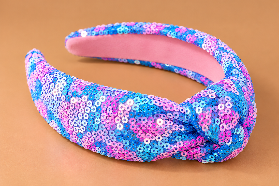 Pailletten Diadeem met Knoop – Blauw & Roze – De HaarBoetiek