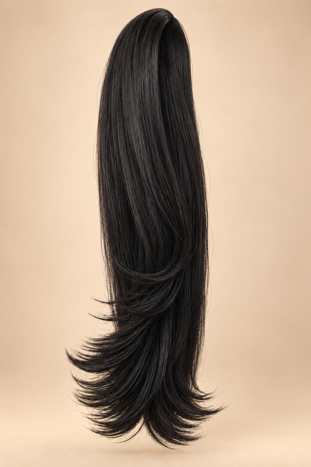 Steile ponytail FHP-024 50 cm zeer donkerbruin 2 op beige achtergrond