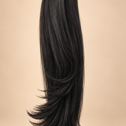 Steile ponytail FHP-024 50 cm zeer donkerbruin 2 op beige achtergrond