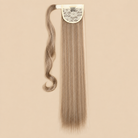Steile ponytail met klittenband asbruin-blond mix (M12/613) 60 cm – De HaarBoetiek