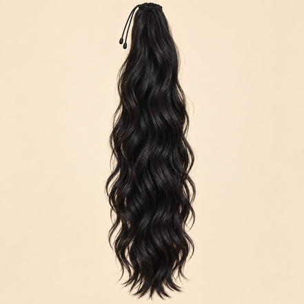 Golvende ponytail met elastiek zwart (1) 60 cm – De HaarBoetiek