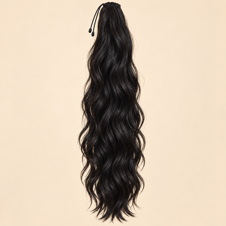 Golvende ponytail met elastiek zwart (1) 60 cm – De HaarBoetiek