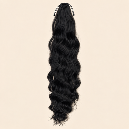 Golvende ponytail met elastiek natuurlijk zwart (1B) 60 cm – De HaarBoetiek
