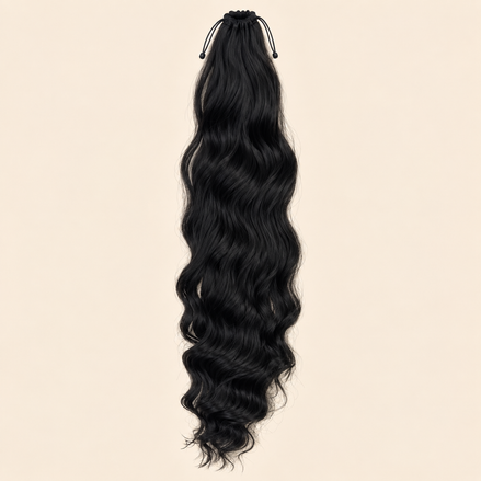 Golvende ponytail met elastiek natuurlijk zwart (1B) 60 cm – De HaarBoetiek