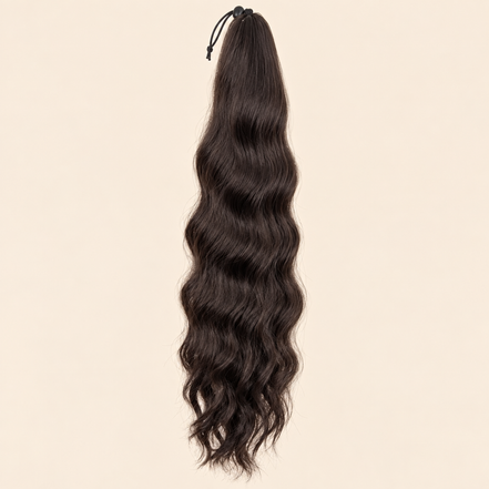 Golvende ponytail met elastiek donkerbruin (2) 60 cm – De HaarBoetiek