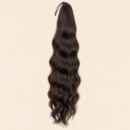Golvende ponytail met elastiek donkerbruin (2) 60 cm – De HaarBoetiek