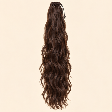 Golvende ponytail met elastiek bruin (4) 60 cm – De HaarBoetiek