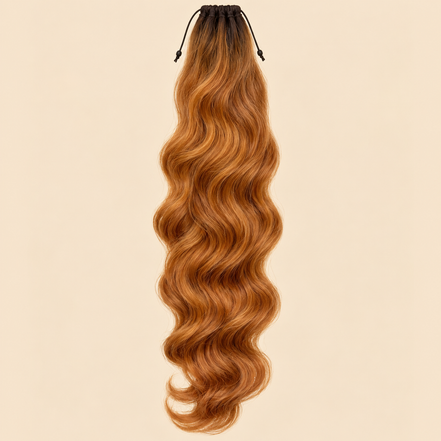 Golvende ponytail met elastiek donker naar koperblond (GT1B/27) 60 cm – De HaarBoetiek