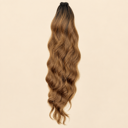 Golvende ponytail met elastiek donker naar goudbruin (GT1B/30) 60 cm – De HaarBoetiek