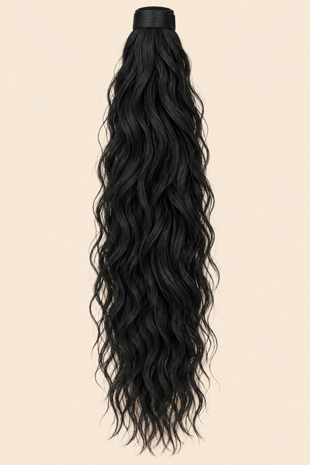Golvende ponytail met klittenband zwart (1) 60 cm – De HaarBoetiek