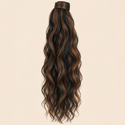 Golvende ponytail met klittenband zwart-koperbruin mix (1B/30) 60 cm – De HaarBoetiek