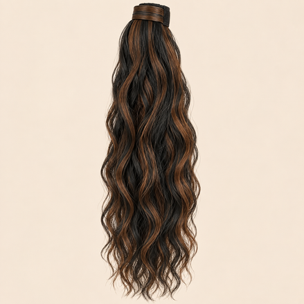Golvende ponytail met klittenband zwart-koperbruin mix (1B/30) 60 cm – De HaarBoetiek