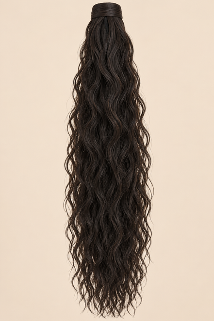 Golvende ponytail met klittenband donkerbruin (2) 60 cm – De HaarBoetiek
