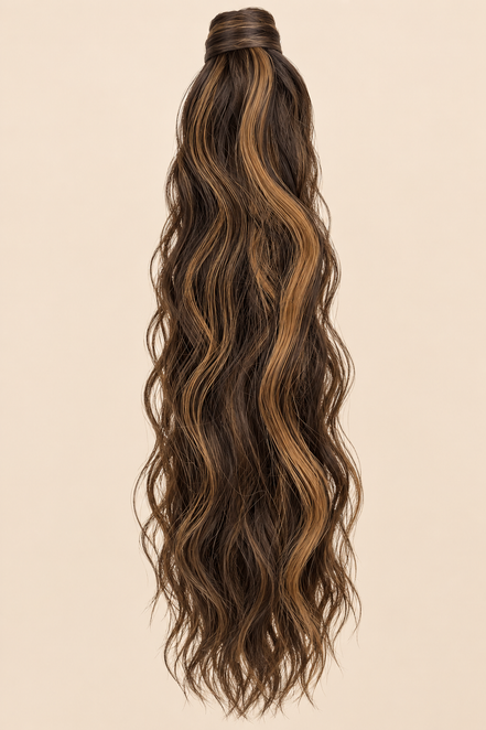 Golvende ponytail met klittenband bruin-honingblond mix (F4/27) 60 cm – De HaarBoetiek