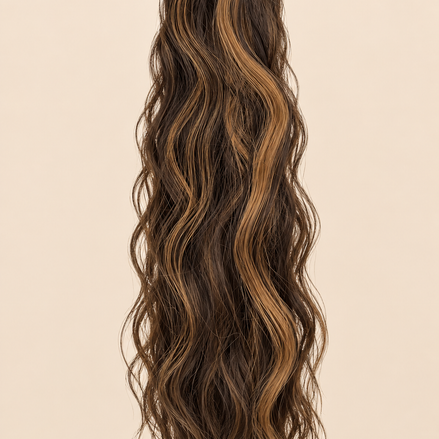 Golvende ponytail met klittenband bruin-honingblond mix (F4/27) 60 cm – De HaarBoetiek