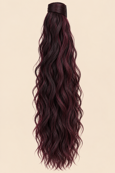 Golvende ponytail met klittenband bordeaux ombré (OM99J11) 60 cm – De HaarBoetiek