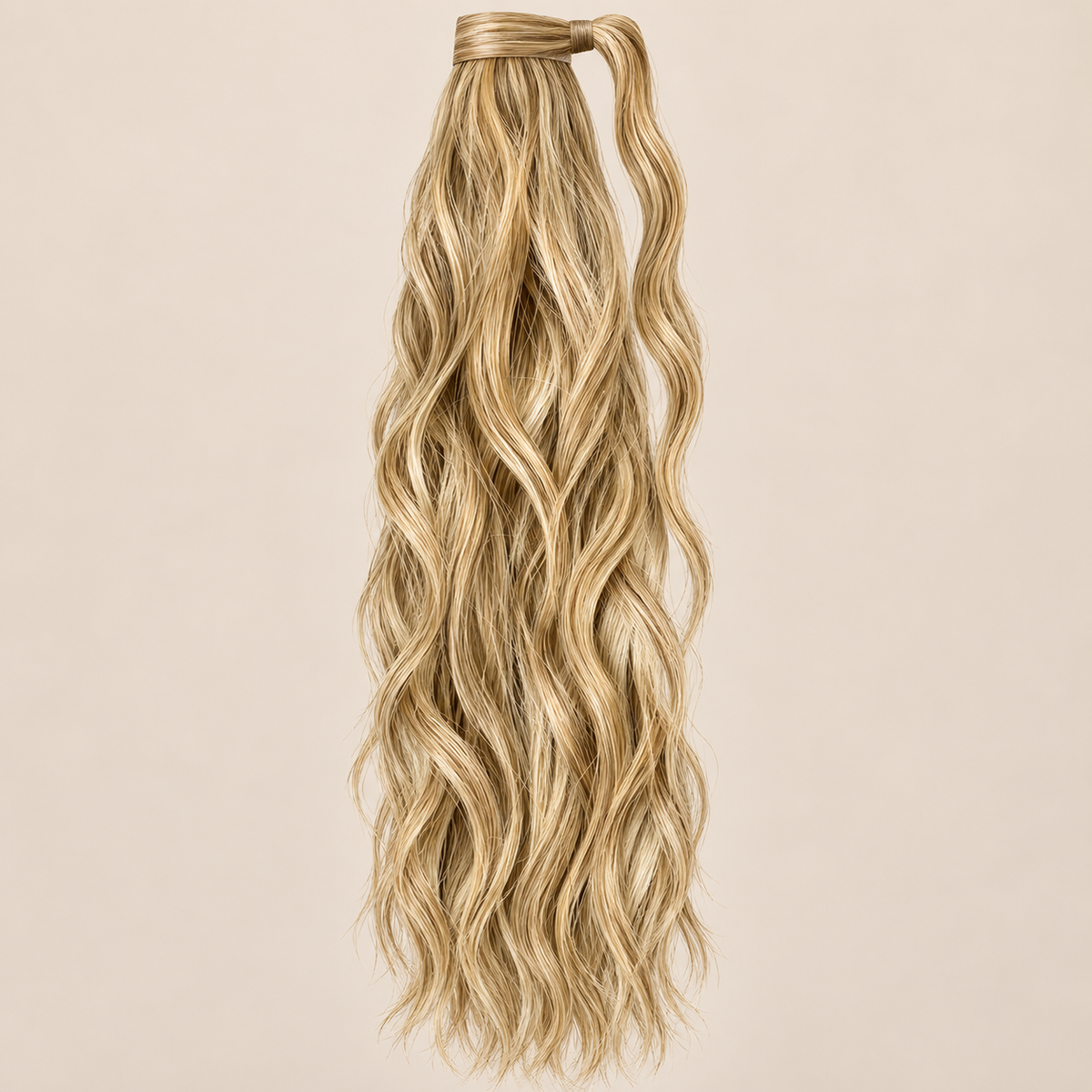 WRMA 60 cm ponytail kleur Rich Blonde op beige achtergrond