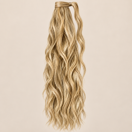 WRMA 60 cm ponytail kleur Rich Blonde op beige achtergrond