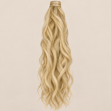 WRMA 60 cm ponytail kleur Tan Blonde op beige achtergrond