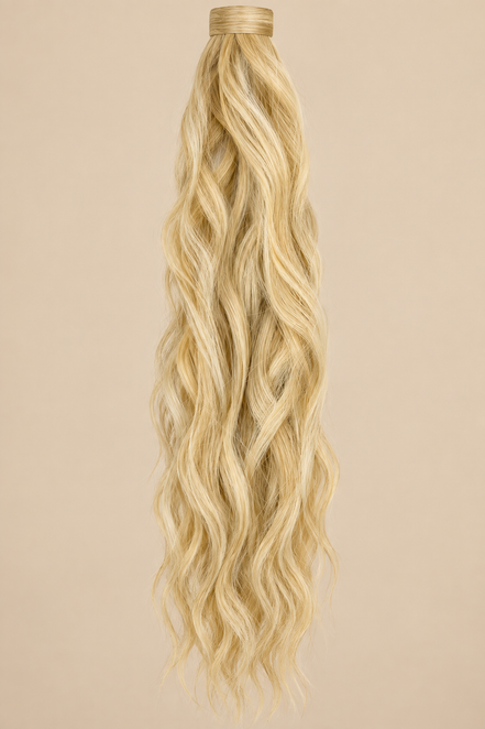 WRMA 90 cm ponytail kleur Tan-Blonde op beige achtergrond