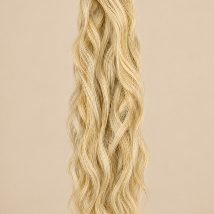 WRMA 90 cm ponytail kleur Tan-Blonde op beige achtergrond