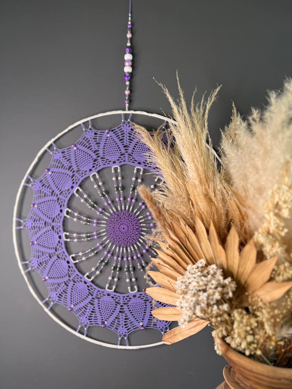 Dromenvanger Lila Beaded 55cm handgemaakte dreamcatcher - De HaarBoetiek