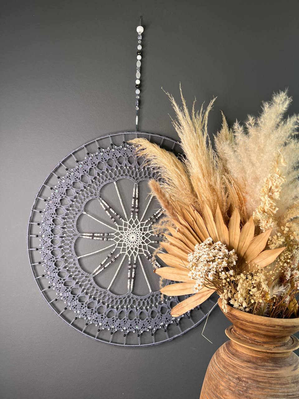 Dromenvanger Purple Greyish 55cm handgemaakte dreamcatcher - De HaarBoetiek
