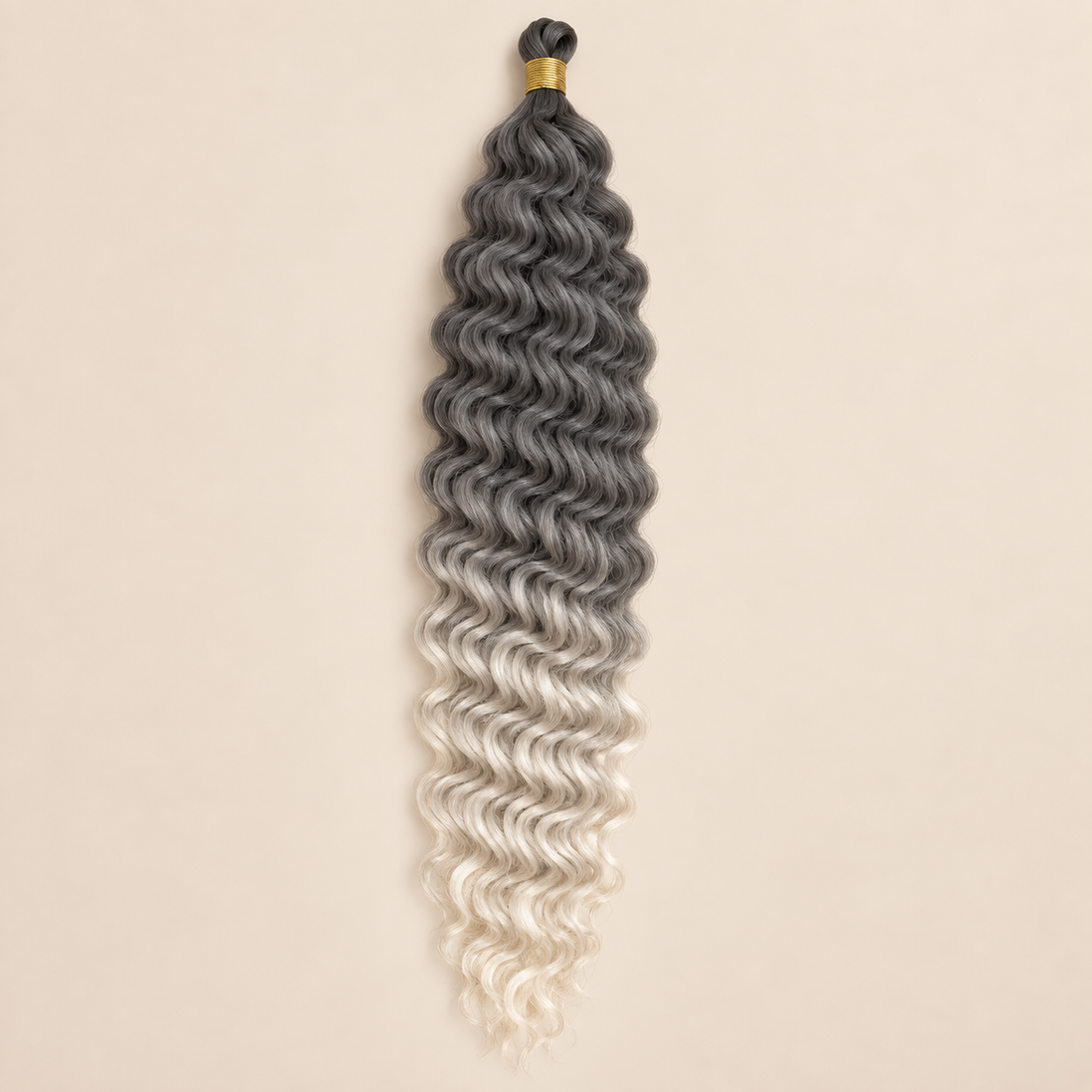 Zwart naar zilver ombré RastAfri Creek Curl kanekalon vlechthaar, T1B/Silver, 50 cm, 85 gram, beige achtergrond